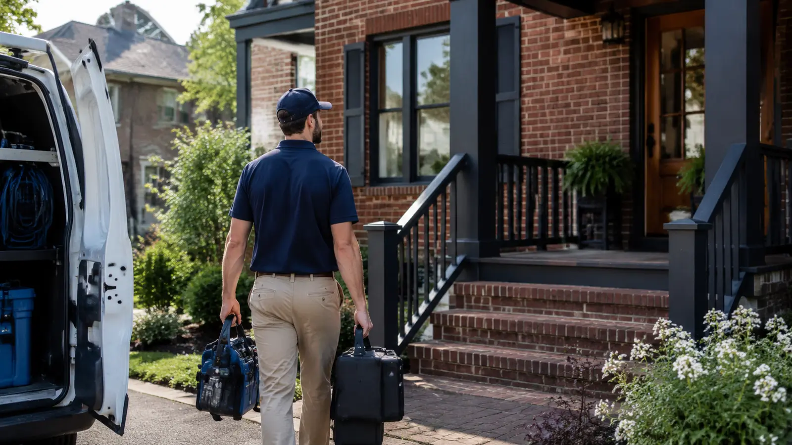 Remediation technician arriving with inspection equipment at a renovated brick home in Durham North Carolina