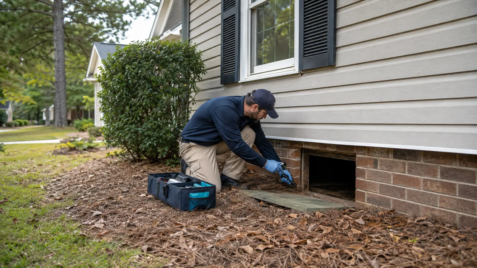 Mold inspector checking a crawl space entrance beside a traditional home in Garner North Carolina