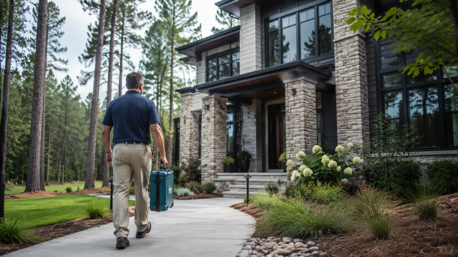 Professional mold inspector approaching a tree-lined home in North Raleigh North Carolina