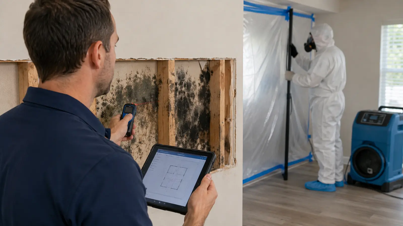 Remediation estimator documenting a contained dark mold wall with a tablet and measuring tool