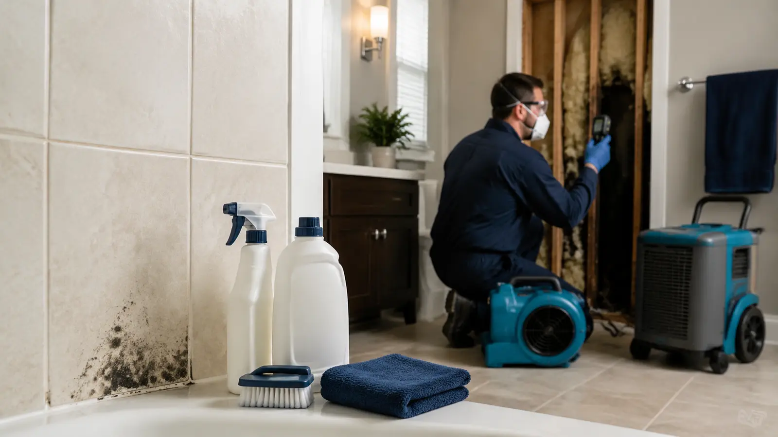 Small bathroom mold cleanup supplies with a professional evaluating a larger concealed wall problem