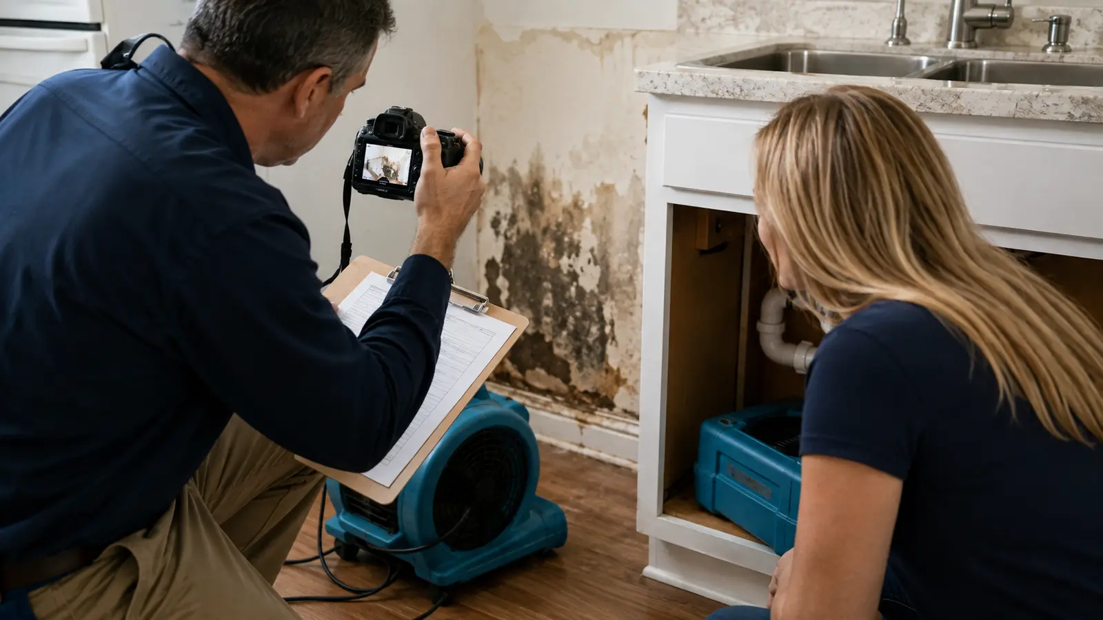Homeowner and mold inspector documenting moisture damage for an insurance claim