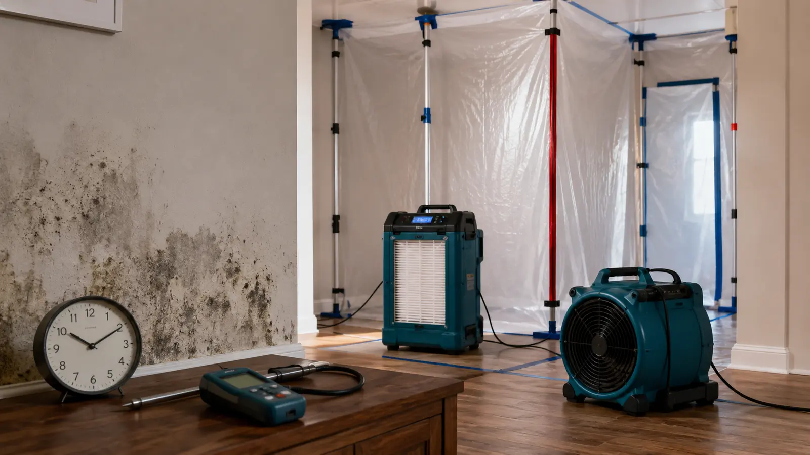 Mold remediation containment and drying equipment arranged beside a project clock
