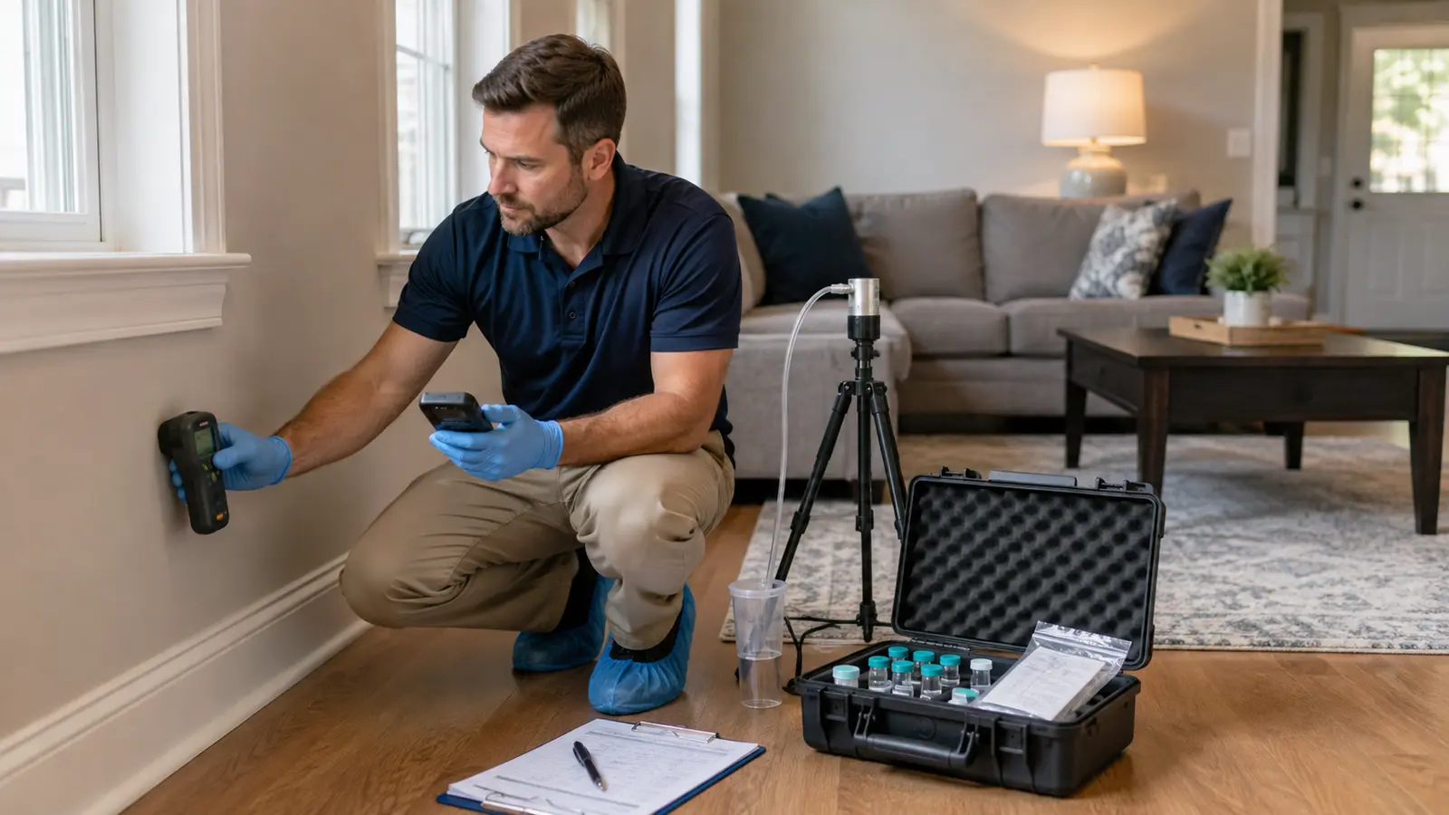 Certified mold inspector performing air sampling and moisture testing in a Raleigh living room