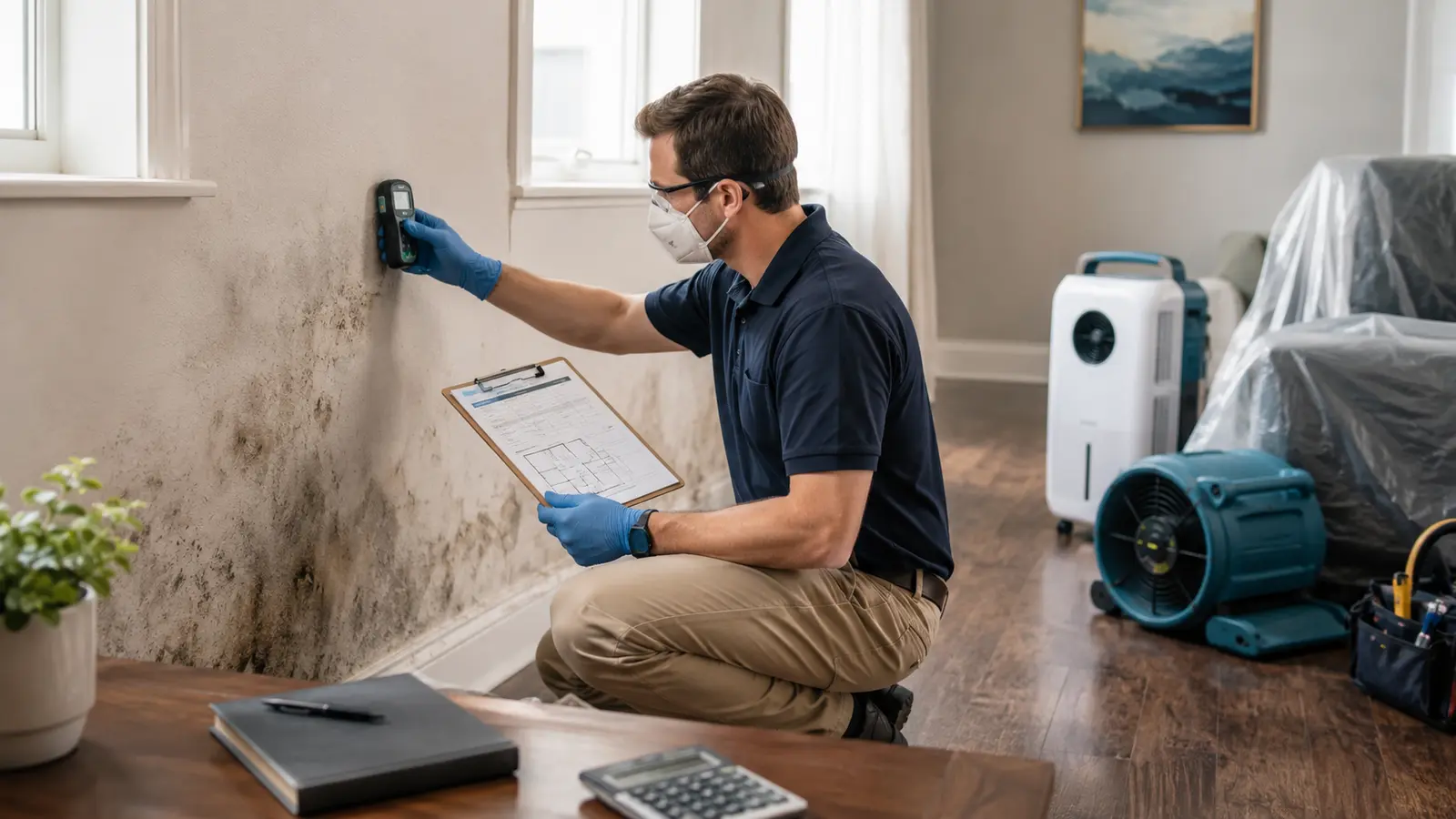 Mold inspector measuring an affected wall while preparing a room-by-room remediation estimate