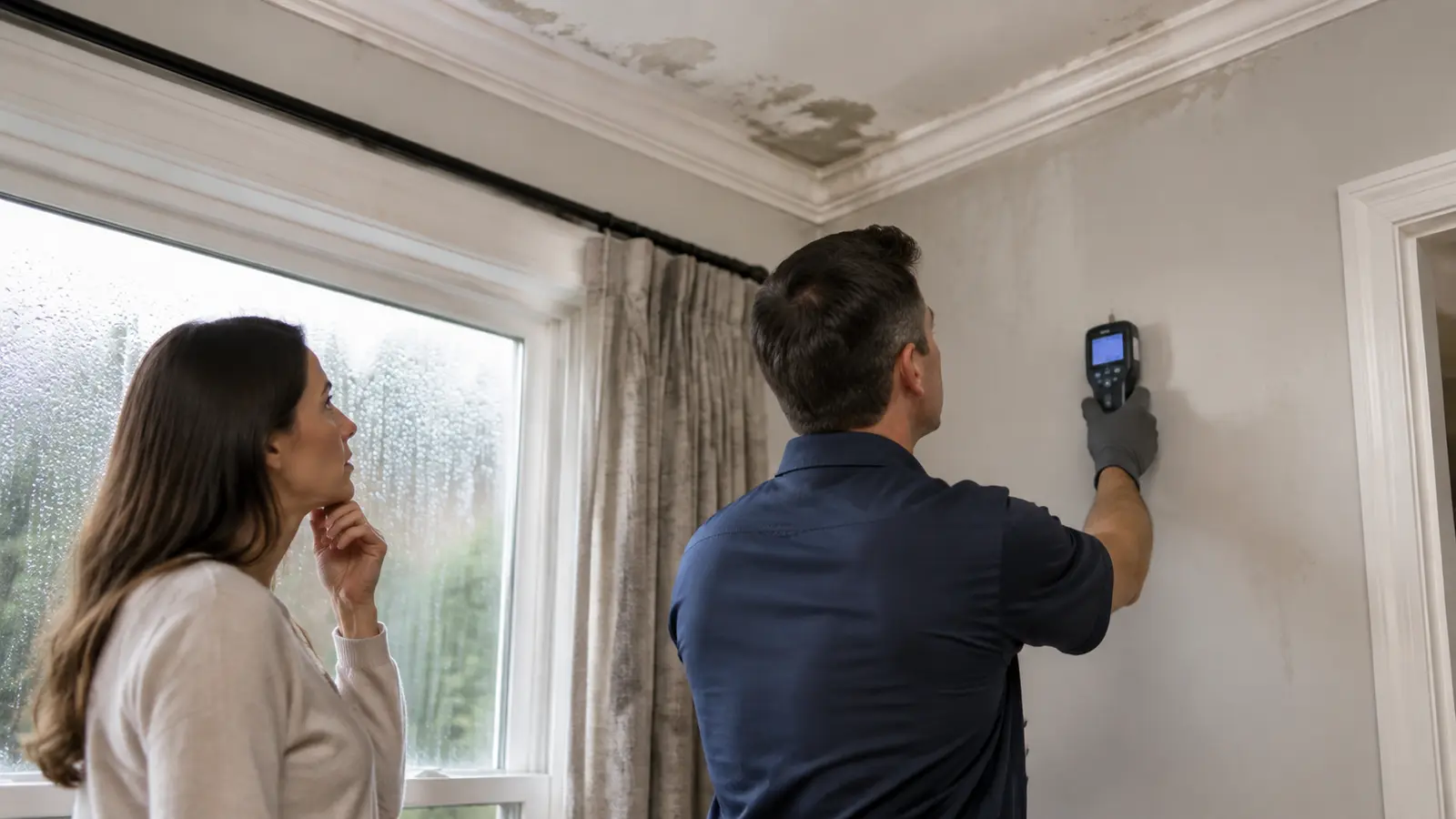 Homeowner and inspector checking ceiling staining condensation and hidden moisture near a window