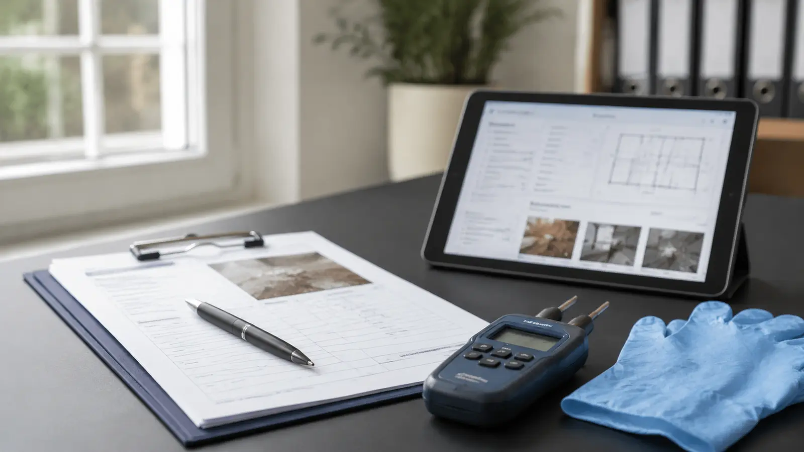 Professional inspection clipboard tablet moisture meter and protective gloves arranged on a clean desk