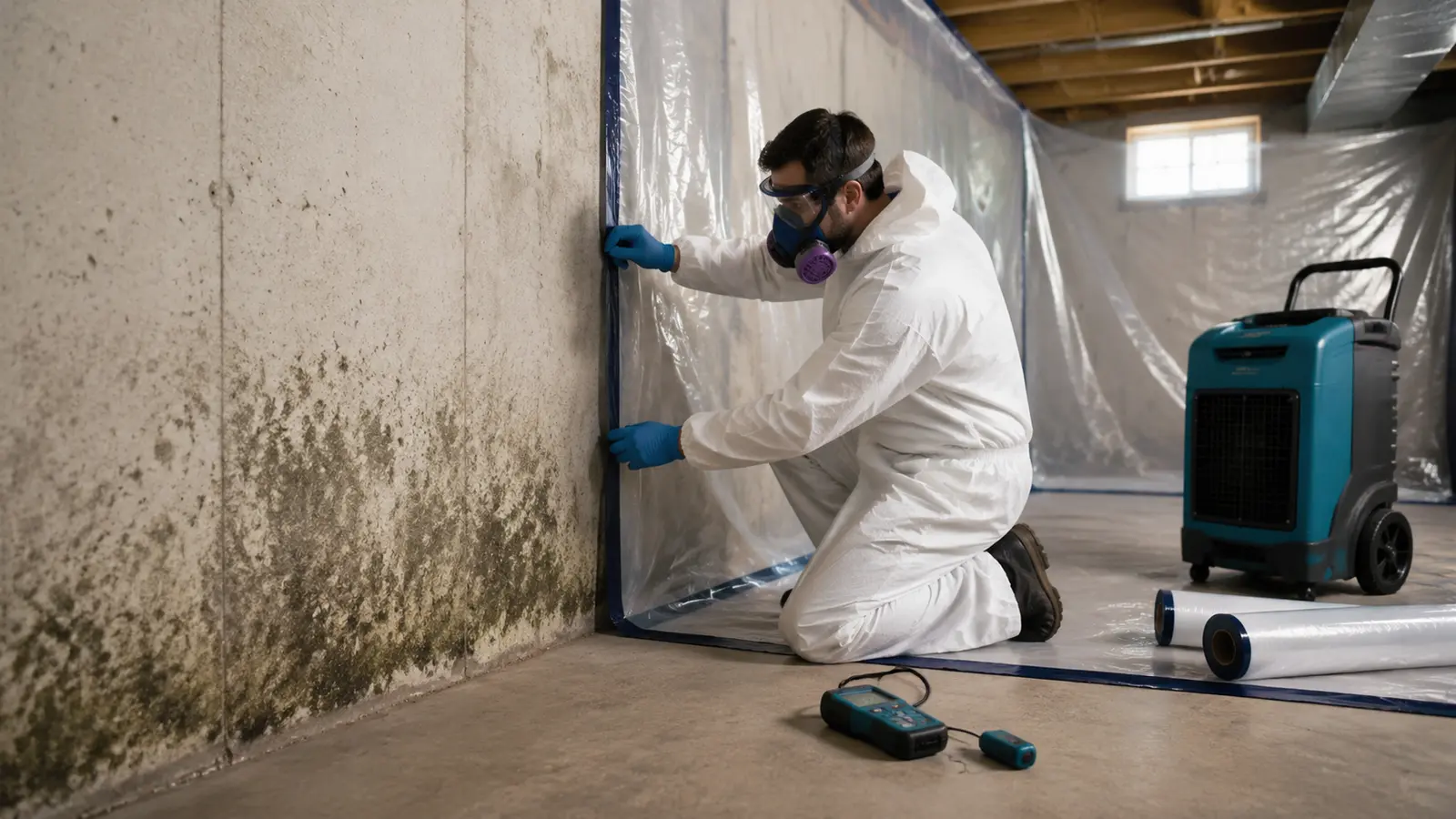 Mold remediation technician setting up containment beside a damp basement foundation wall