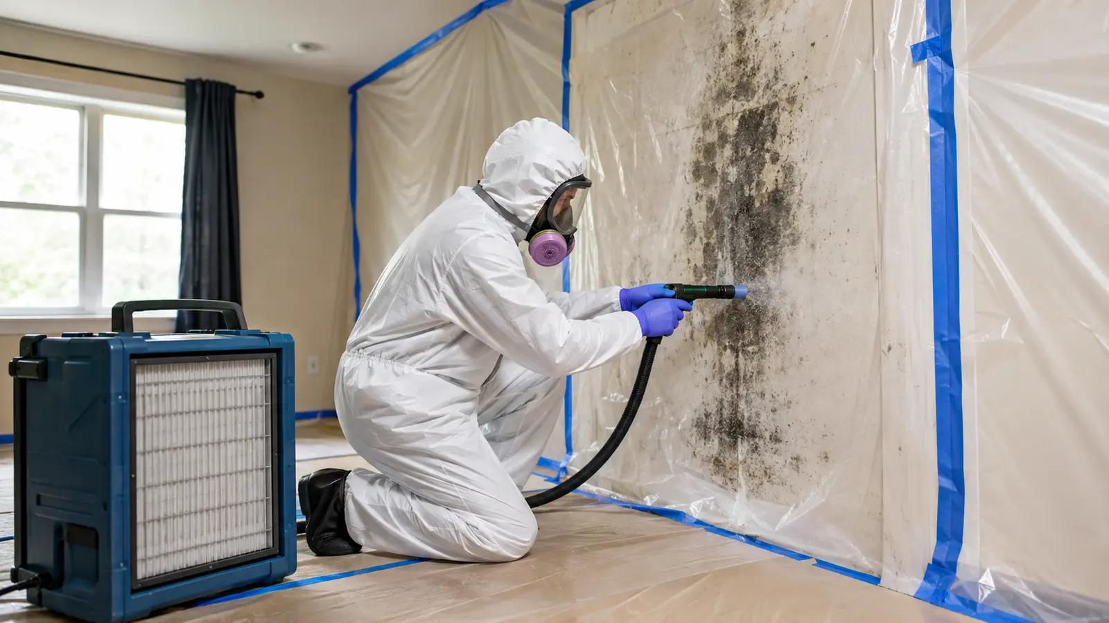 Certified technician in full protective equipment treating contained black mold growth