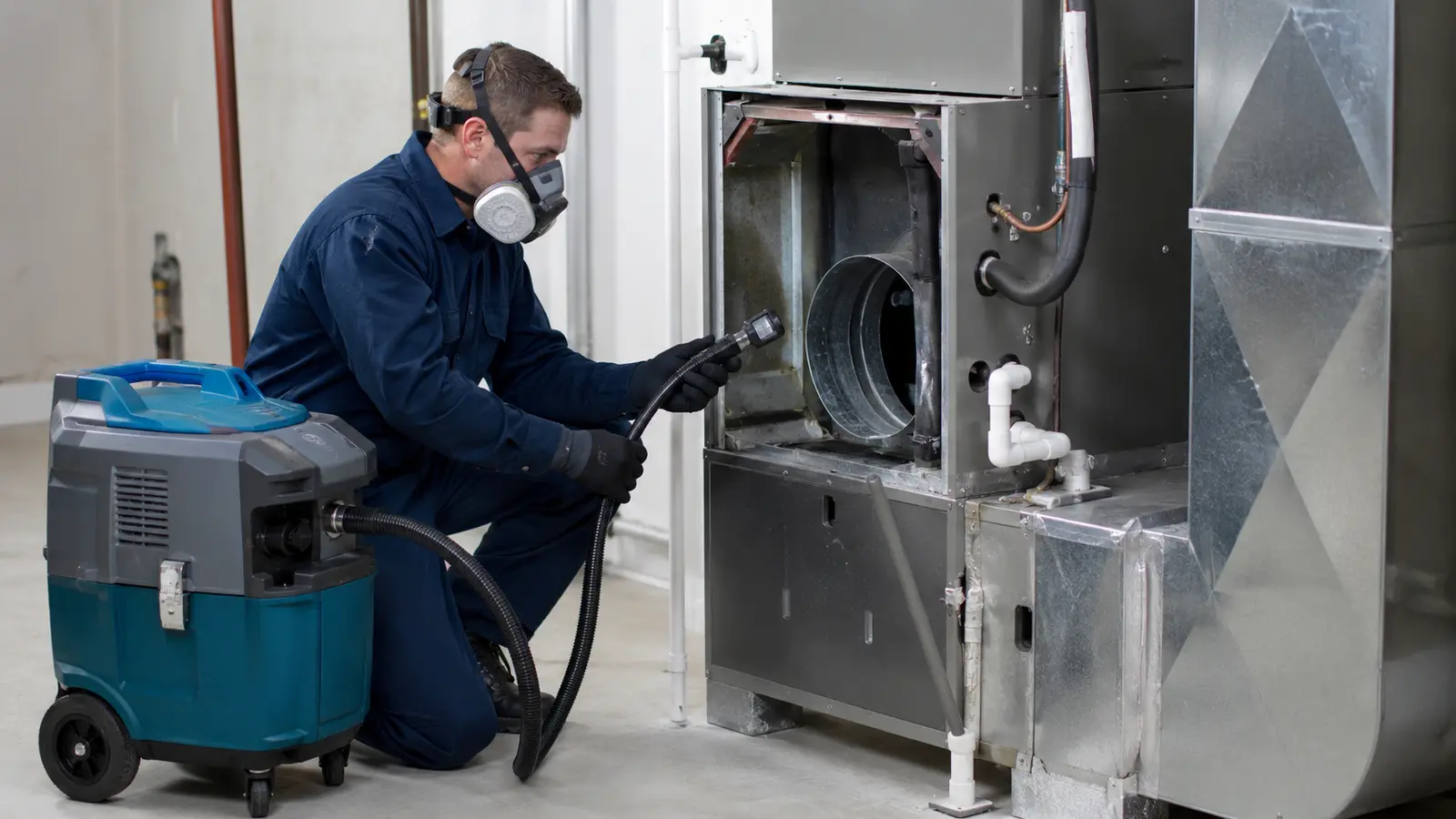 HVAC mold remediation specialist inspecting an air handler and duct connection with HEPA equipment