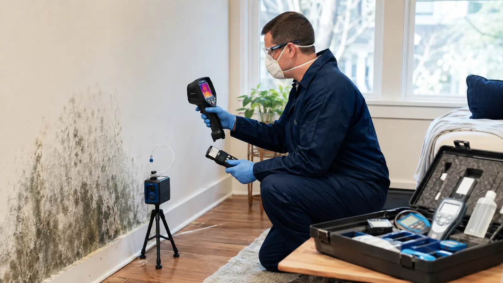 Certified inspector collecting an air sample while using moisture and thermal imaging tools