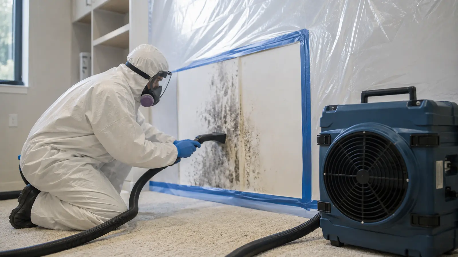 Protected remediation technician using a HEPA vacuum inside a contained work area