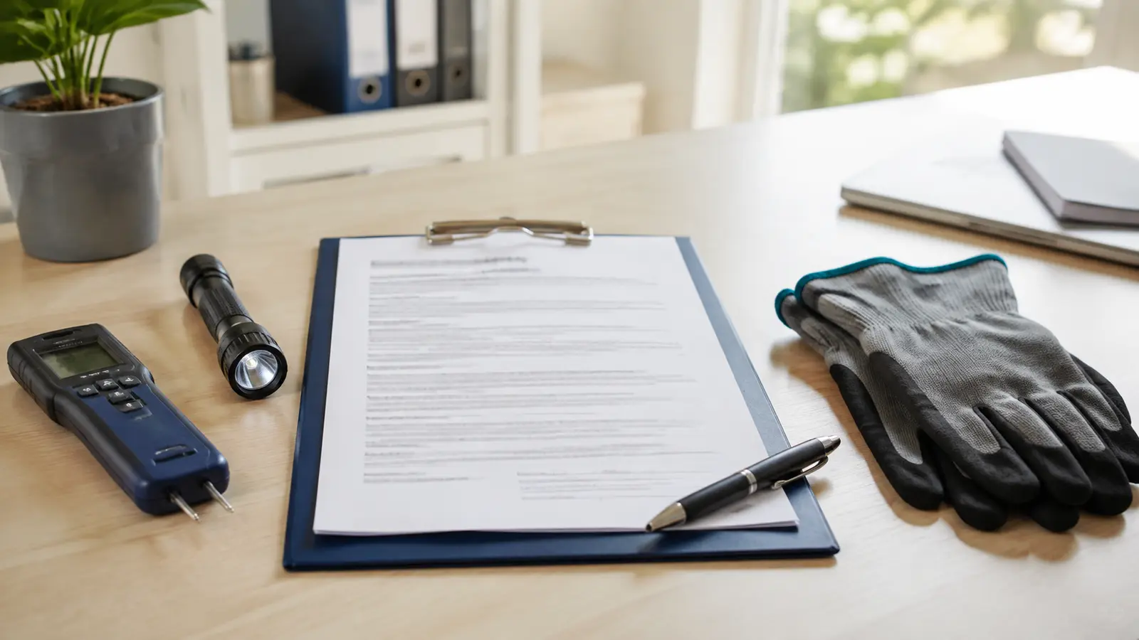 Professional service agreement clipboard beside inspection tools and protective gloves