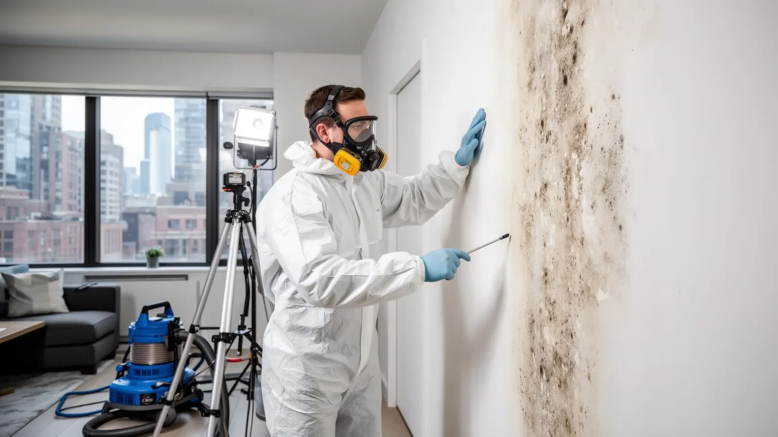 Technician documenting mold remediation work in a modern apartment unit