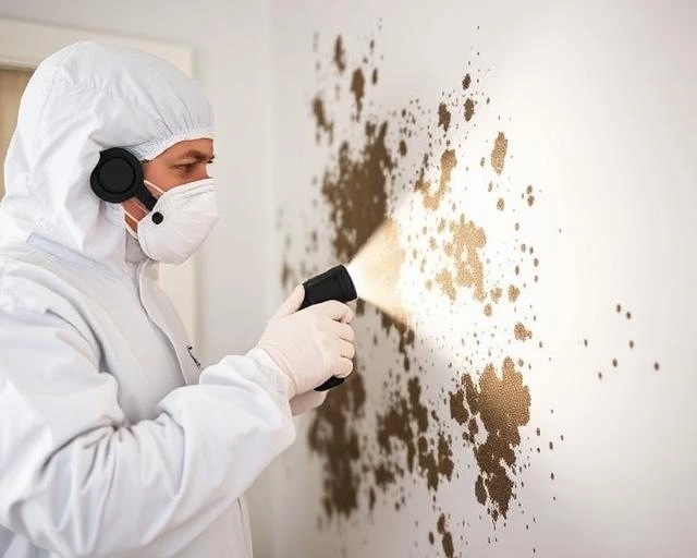 Mold inspector using a handheld meter to check visible wall growth