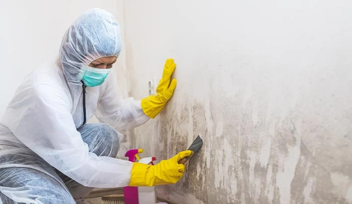 Protected mold remediation technician treating an affected interior wall